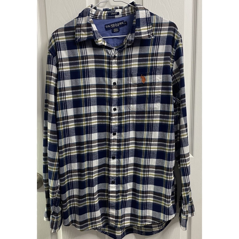 U.S. Polo‎ Assn. Men's Flannel Plaid stretch blue/white Button Down Sz.M